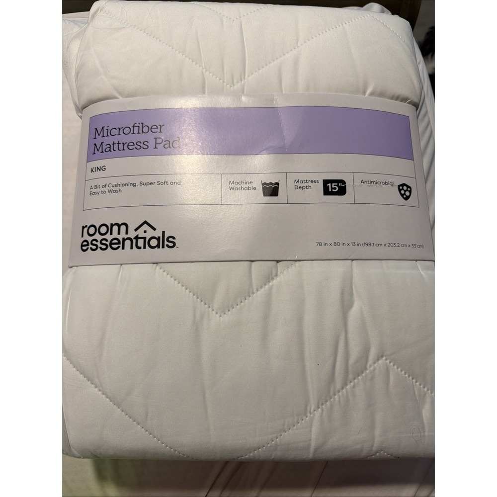 Room Essentials King Microfiber Mattress Pad White Antimicrobial OEKO-TEX